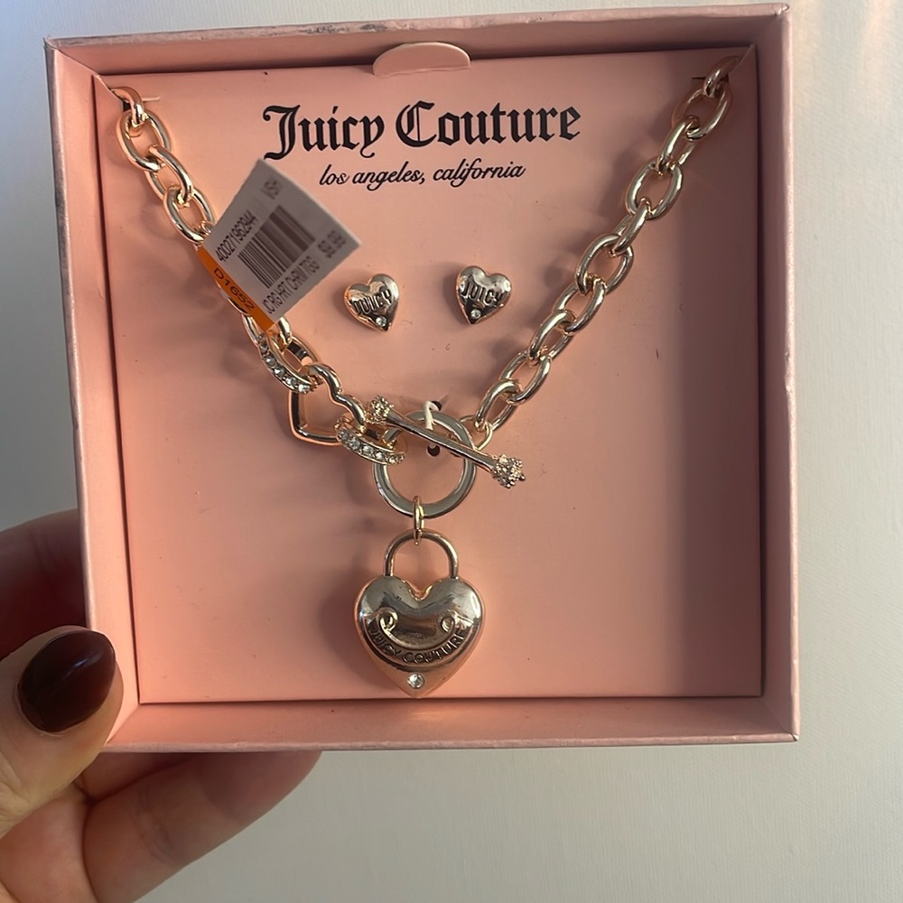 NWT Rose Gold heart necklace and studs. Juicy Couture.
